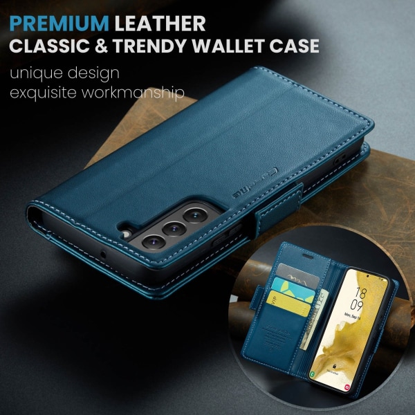 Samsung S23 - Fodral Premium Läder RFID Skyddat CaseMe® Blå Blue