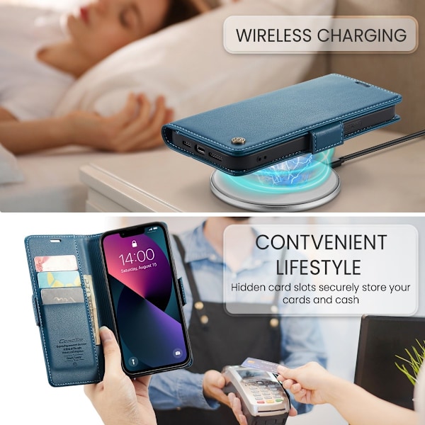 iPhone 15 - Fodral Premium Läder RFID Skyddat CaseMe® Blå Blue