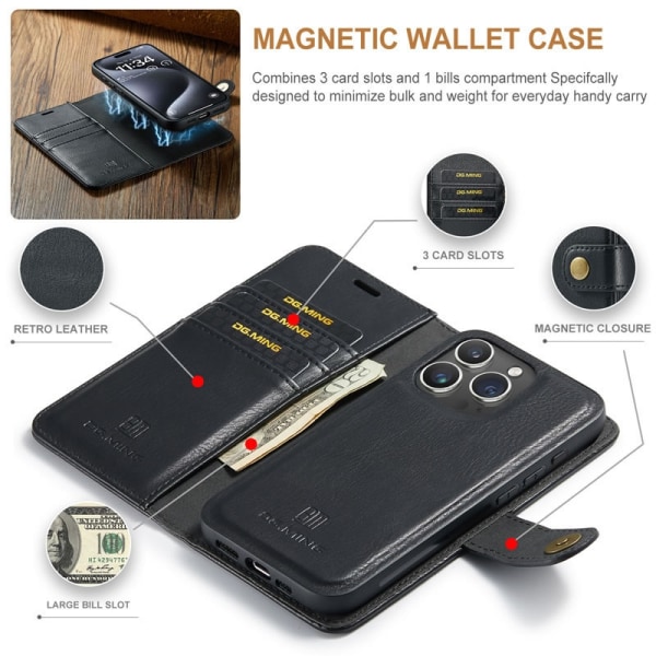 iPhone 12/12 Pro - DG.MING® 2in1 Magnet Plånboksfodral Svart Black