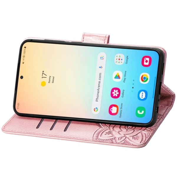 Samsung S24 - Läder Fodral 4-FACK Motiv Fjärilar Roséguld PinkGold