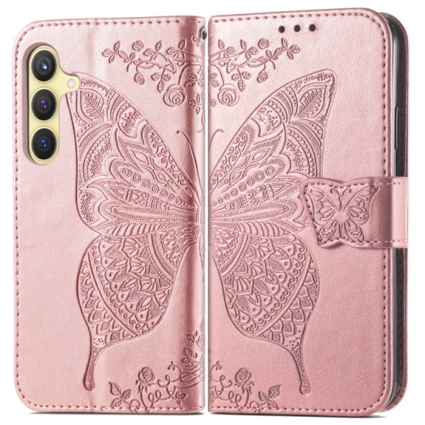 Samsung S24 - Praktiskt Läder Fodral Motiv Fjärilar Roséguld PinkGold