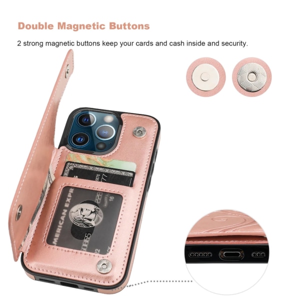 iPhone 14 Pro Max - Nordic® Stöttåligt Läder skal kortfack Roség PinkGold