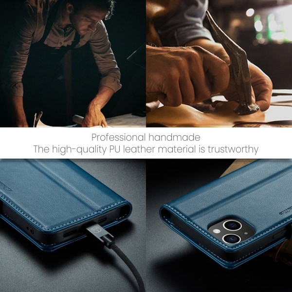 iPhone 13 - Fodral Premium Läder RFID Skyddat CaseMe® Blå Blue