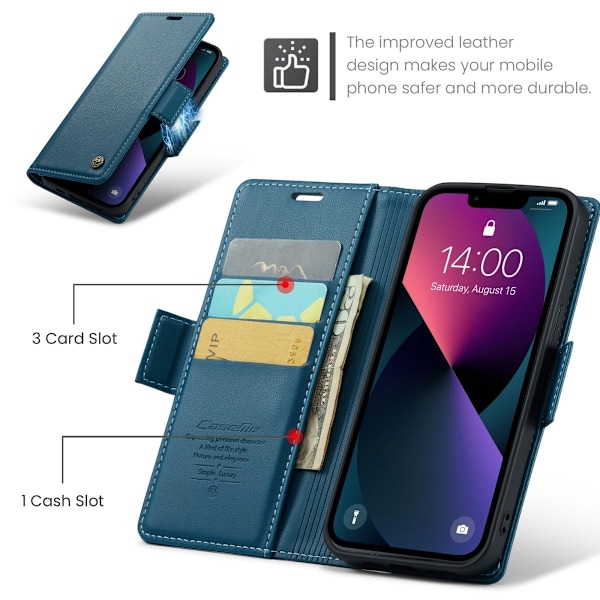 iPhone 15 - Fodral Premium Läder RFID Skyddat CaseMe® Blå Blue
