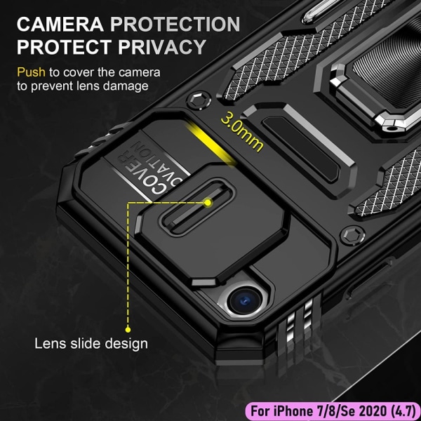 iPhone 7/8/SE - Skal Kameraskydd Stöttåligt Ringhållare Svart