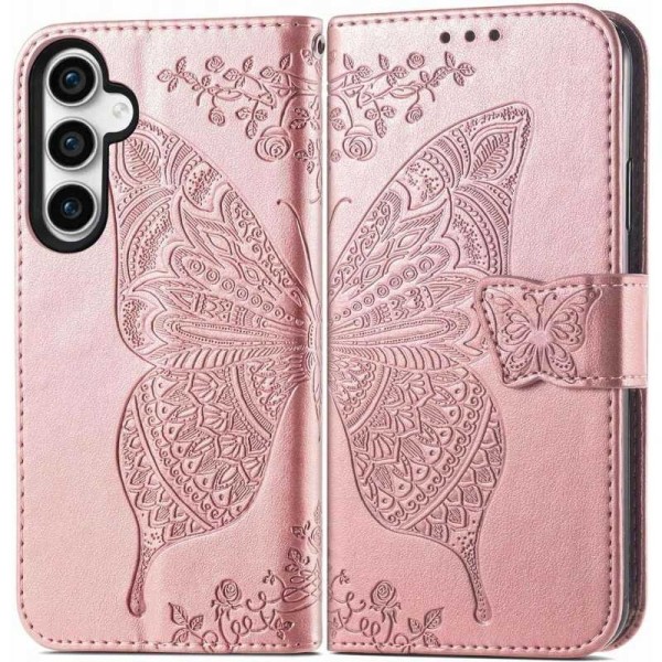 Samsung S24 - Praktiskt Fodral Motiv Fjärilar Roséguld PinkGold Galaxy S24