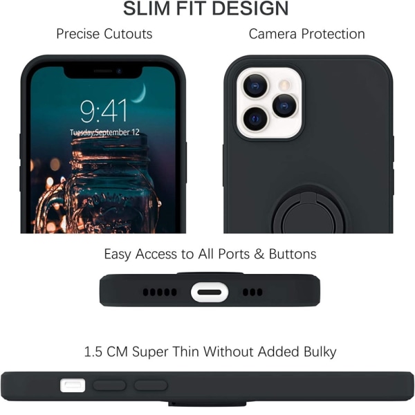 iPhone 12/12 Pro - Silikonskal med Magnetisk Ringhållare Välj Fä Black Svart