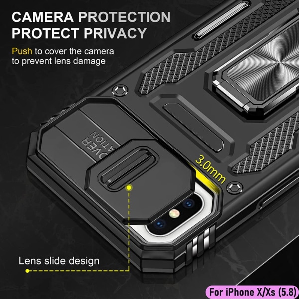 iPhone X/XS - Skal med Kameraskydd Ringhållare Svart Black