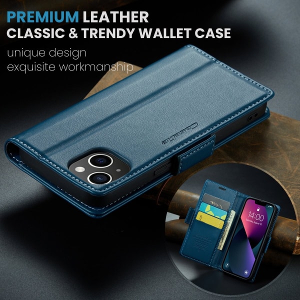 iPhone 13 - Fodral Premium Läder RFID Skyddat CaseMe® Blå Blue