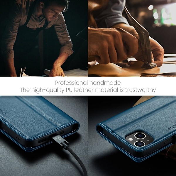 iPhone 15 - Fodral Premium Läder RFID Skyddat CaseMe® Blå Blue