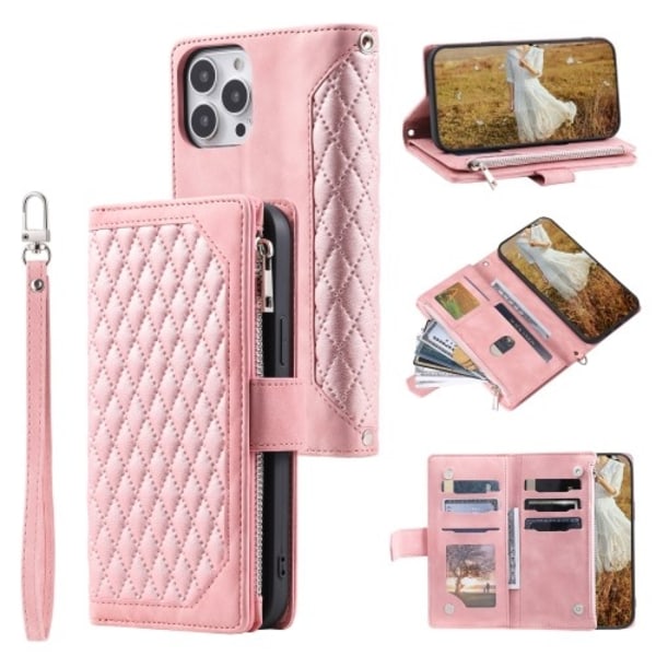 iPhone 12/12 Pro - Fodral Multifunktionellt Quilted Läder Roségu