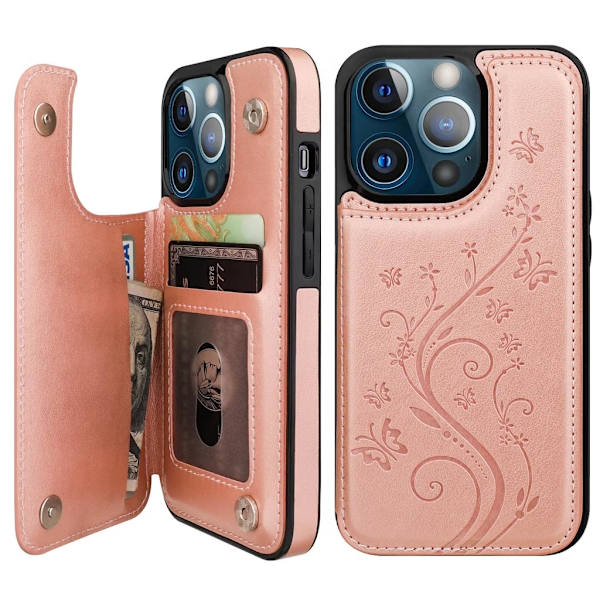 iPhone 14 Pro - Stöttåligt Läder skal kortfack Roséguld
