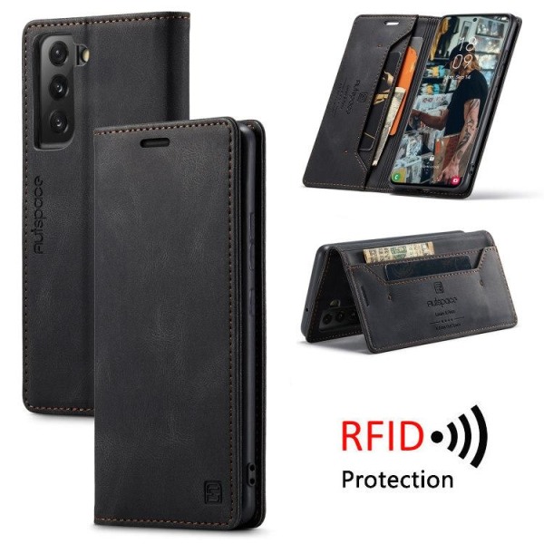 Samsung S22 - Premium Läder Fodral RFID Skyddat Svart Black Samsung Galaxy S22