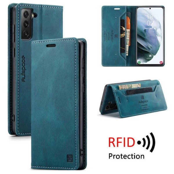 Samsung S21 FE - Premium Läder Fodral RFID Skyddat Blå Blue Samsung Galaxy S21 FE