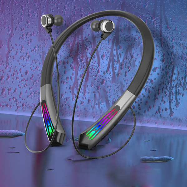 Binaural In-ear Headset Hanging Neck Light Glow Gaming Bluetooth Hörlurar Sport Trådlösa hörlurar Svart