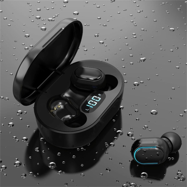 E7S Binaural Bluetooth 5.0 Gaming Headset med batteridisplay In-ear hörlurar Mini typ Macaron Färg Svart