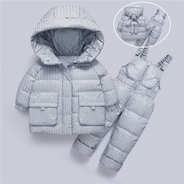 Vinter Baby Pojkar Flickor Polka Utskrift Förtjockad dunjacka Strap Byxor Tvådelad kostym grå 1-2 år gammal