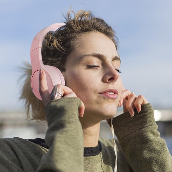 Over-Ear hörlurar Bluetooth trådlös med mikrofon Hi-Fi Stereo hopfällbar för mobiltelefon PC Headset Rosa