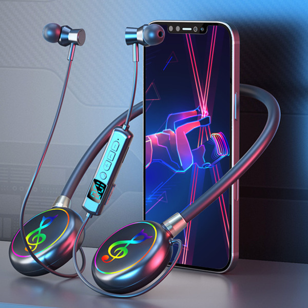 Halshängande trådlösa Bluetooth hörlurar RGB LED-andningsljus Multifunktionella sporthörlurar In-ear-stöd SD-kort