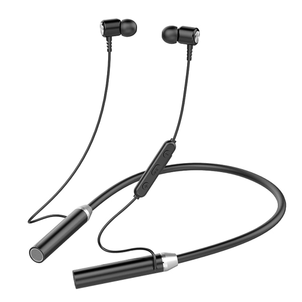 Trådlöst Bluetooth headset med dubbla batterier, hängande magnetiska hörlurar för sporthals Svart
