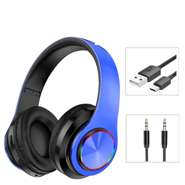 Over-Ear-hörlurar Trådlösa hopfällbara LED-lampor Glödande Insticksbart kort Universal Headset blå