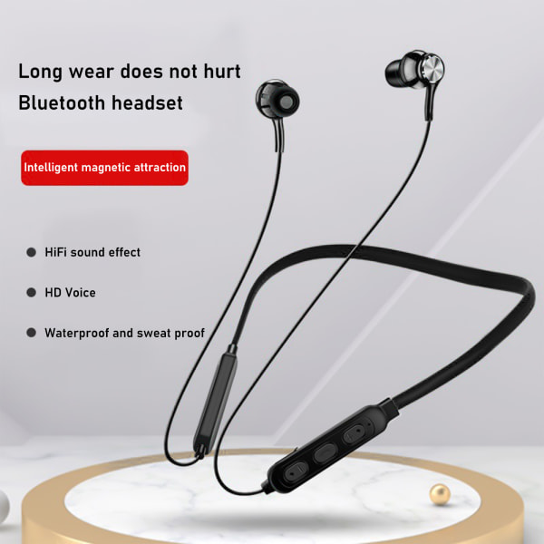 Magnetiska Bluetooth -hörlurar med hängande hals HD Stereo Trådlösa Sports in-ear-hörlurar Brusreducerande med mikrofon Svart