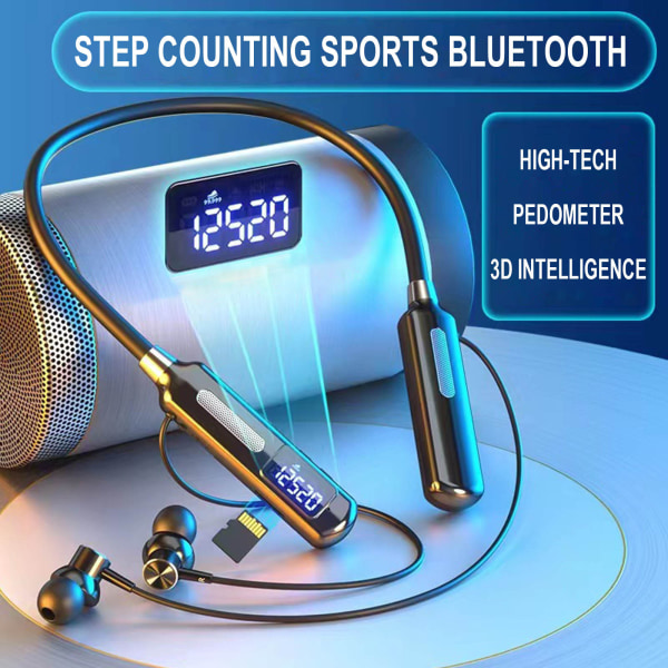 In-ear hörlurar med stegräknare Smart Digital Display Stegräknare Trådlöst Bluetooth Headset Sport Stort batteri plug-in kort