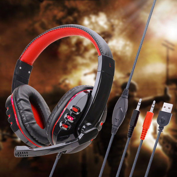 Hörlurar Gaming Headset USB+3,5 mm Over-Ear Stereo med mikrofon Röd