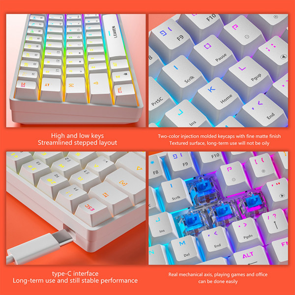 Kabelanslutet mekaniskt tangentbord Gaming RGB Bakgrundsbelyst Kompakt tangentbord med 61 tangenter med blå switchar för Windows PC Vit