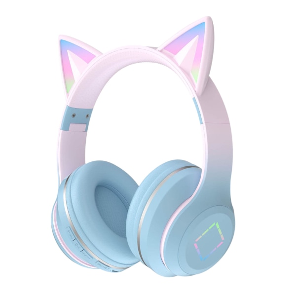 Over-Ear-hörlurar för flickor Trådlöst Bluetooth för barn för söta kattöron RGB-hopfällbara hörlurar med mikrofonvolymkontroll Justerbart barnheadset för skolan Blå
