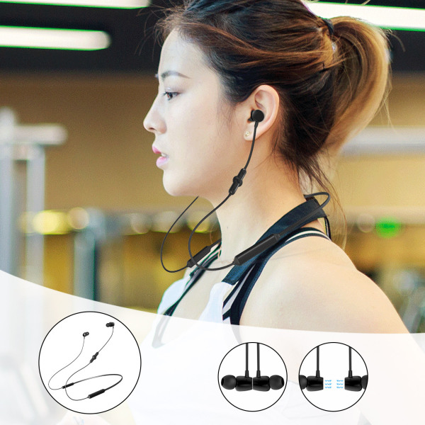 Trådlöst halshängande headset 5.0 Bluetooth sporthörlurar med mikrofon för samtal Svart