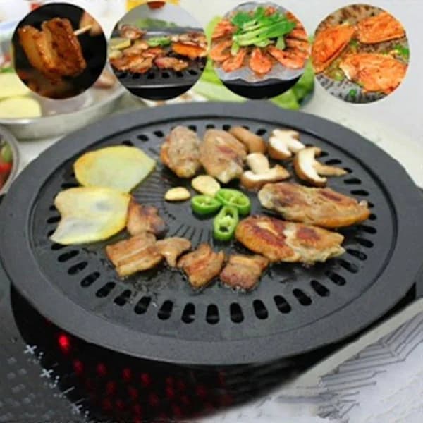 Rund koreansk BBQ-jernpande, non-stick, sæt med stativ