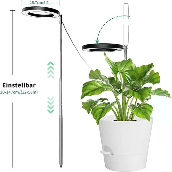 Fullspektrum LED-växtbelysning för inomhusväxter. 147 cm. Justerbar höjd med 70 LED-lampor. 3/9/12 timmars timer.