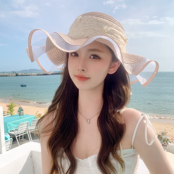 Koreansk Pärlspetsrosett Stråhatt Dam Sommar Strand UV-skydd Solhatt Modekeps