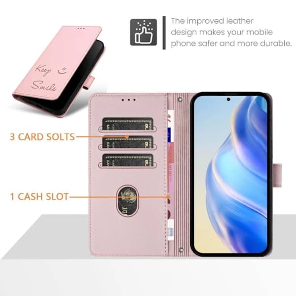 iPhone 17 Fodral Läderfodral med Leende Prägling RFID Rosa