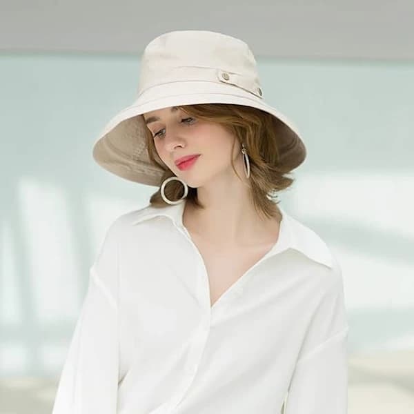 Solhatt för kvinnor UPF 50+ - Vikbar bucket-hatt med bred brätte - Sommarhatt för stranden - Resevänlig - Off-white