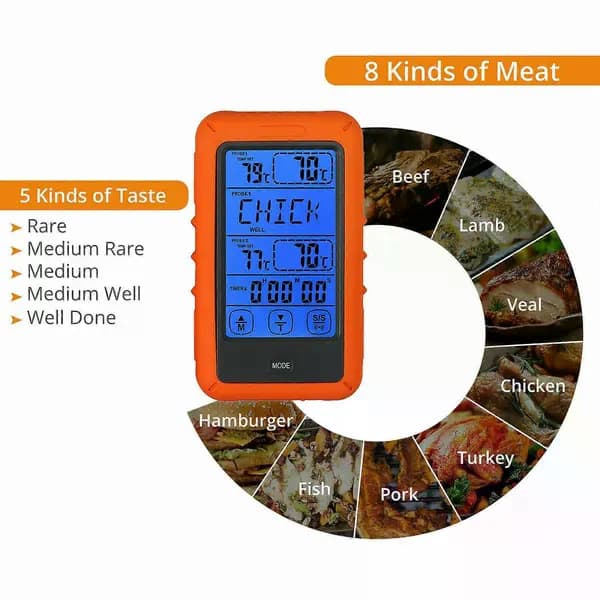 Digital trådlös köttermometer med 2 sändare för ugn, grill och BBQ