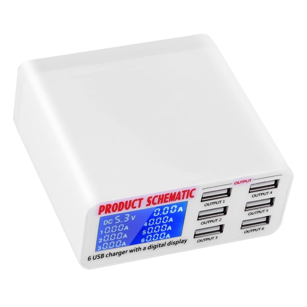 6Port 6A USB Laddningsstation Docka med LCD-skärm 100-240V (EU-kontakt)