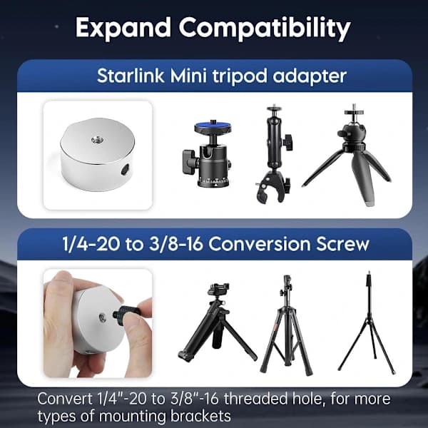 Starlink Mini aluminium stativadapter – 1/4\"-20 & 3/8\"-16 gevind, til rørmontering
