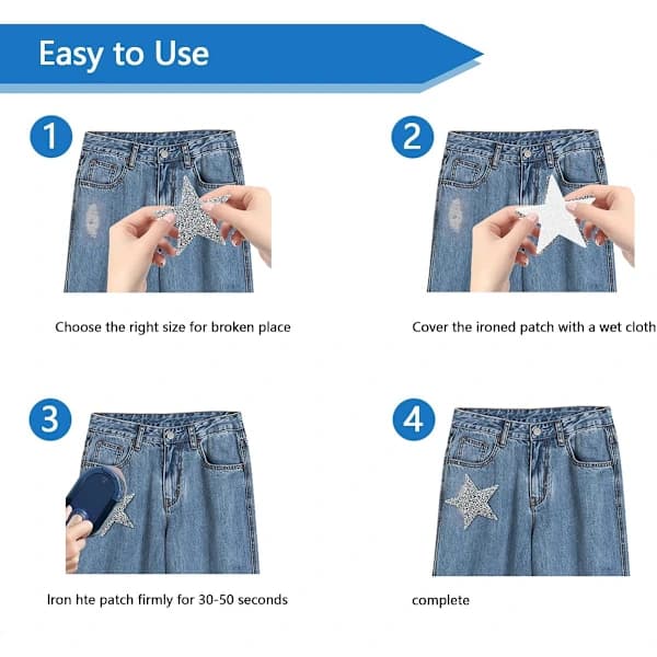 18 strygemærker - 2cm - 4cm - 6cm - 8cm Sølvstjerner, Tasker - Perfekt til reparation og dekoration - DIY tekstilprojekter