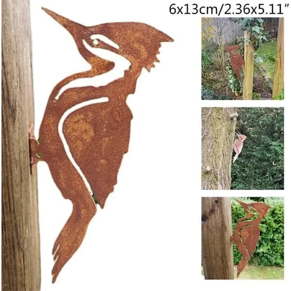 Rustik metalhavepynt, spætte, fuglehegn, udendørs kunststatue, rustik havepynt, havepynt, silhuetpynt
