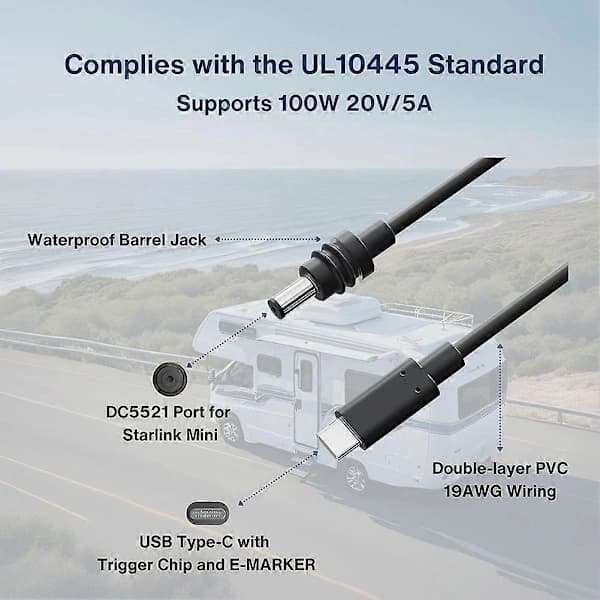 Til Starlink Mini USB C til DC 5,5 mm x 2,1 mm strømkabel, 20V 100W opladerkabel, erstatningskabel til Starlink Mini dele, størrelse 2m