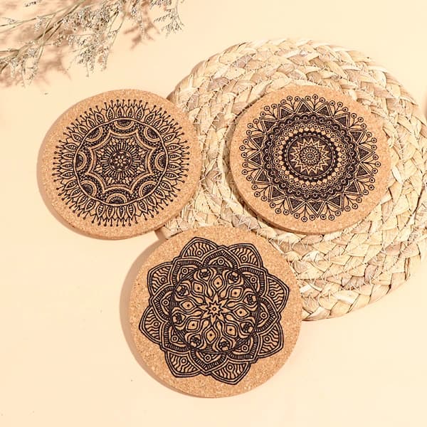 12 st Mandala Design Runda Träunderlägg med Ställ Runda