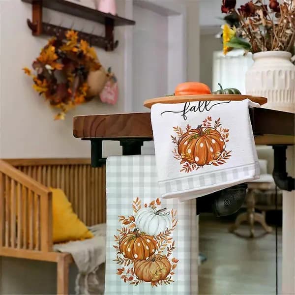 2-pack kökshanddukar för hösten, set om 2, orange pumpa och grårutiga hösthanddukar