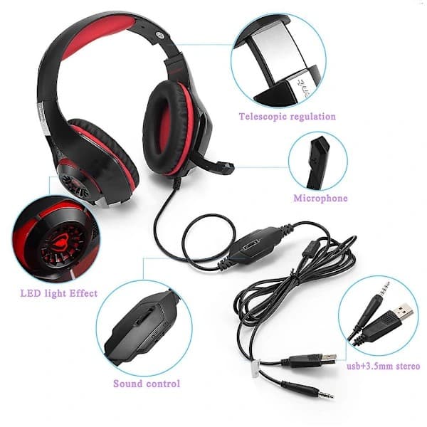 Gaming Headset med støjreducerende mikrofon, Over-Ear Gaming Hovedtelefoner med LED-lys til telefon/computer Sort Rød