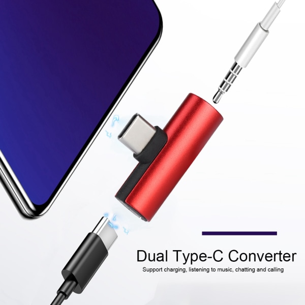 2 i 1 Dual Type C Audio Converter Laddar lyssnande aluminiumlegeringskonverterare för Xiaomi Red