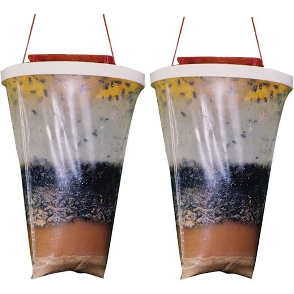 2-pack flugfälla utomhus hängande flugfångare, engångs ranch flugfälla påse med flugbete, flugmördare repeller