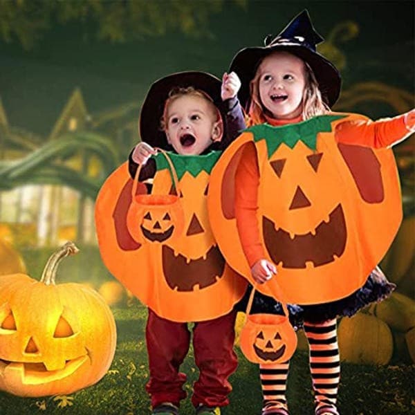 JOKILY Halloween græskarkostume til børn, græskarkostume til børn med græskarkurv og hat orange