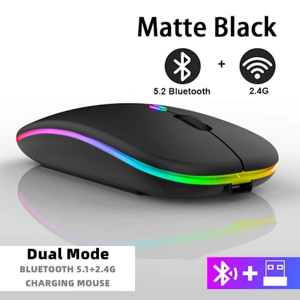 Genopladelig trådløs mus Bluetooth 2.4GHz USB RGB 1600DPI til computer bærbar tablet PC Macbook gaming mus sort