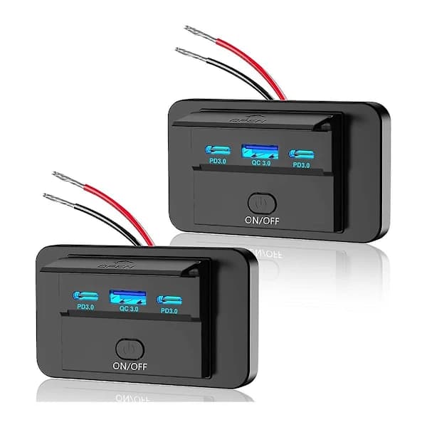 2 STK 3 porte 12V RV USB-stik 90W, dobbelt PD3.0 Type-C hurtigopladning 72W & USB QC3.0 18W panel vægmontering sort